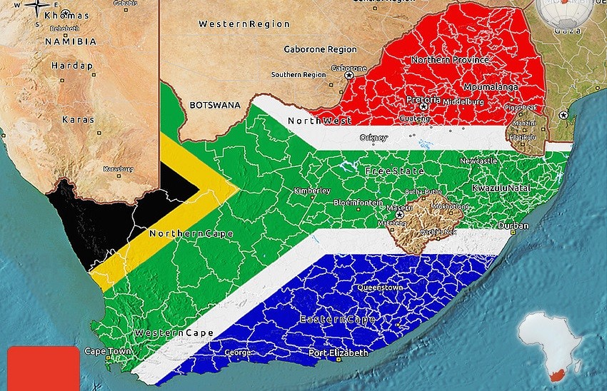 Flag 3d map of South Africa, satellite outside.